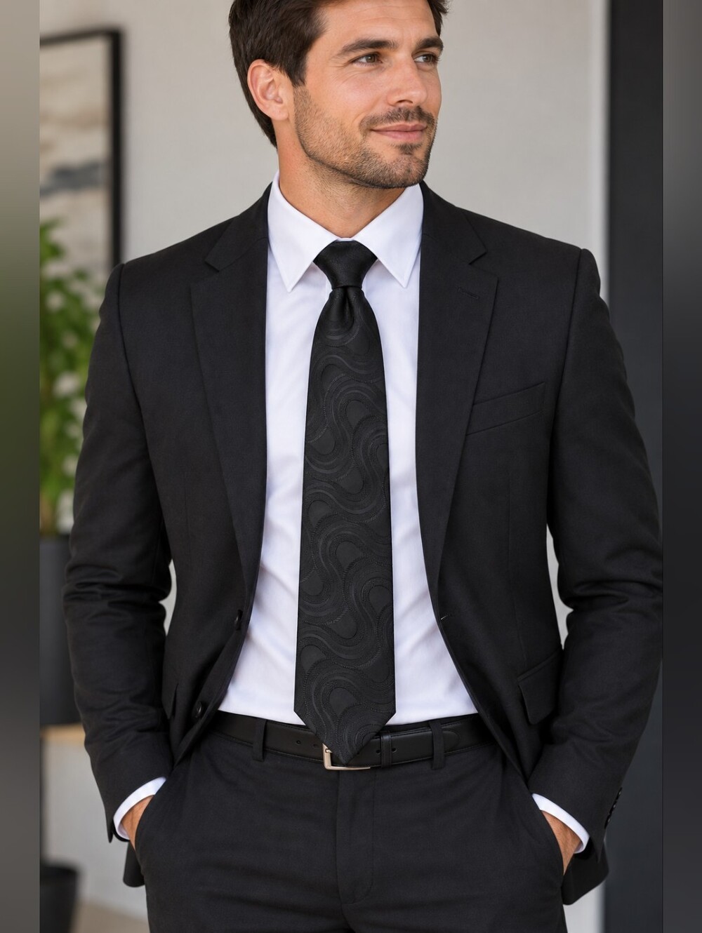 Simpsons Men's Black Textured Wave Jacquard Necktie